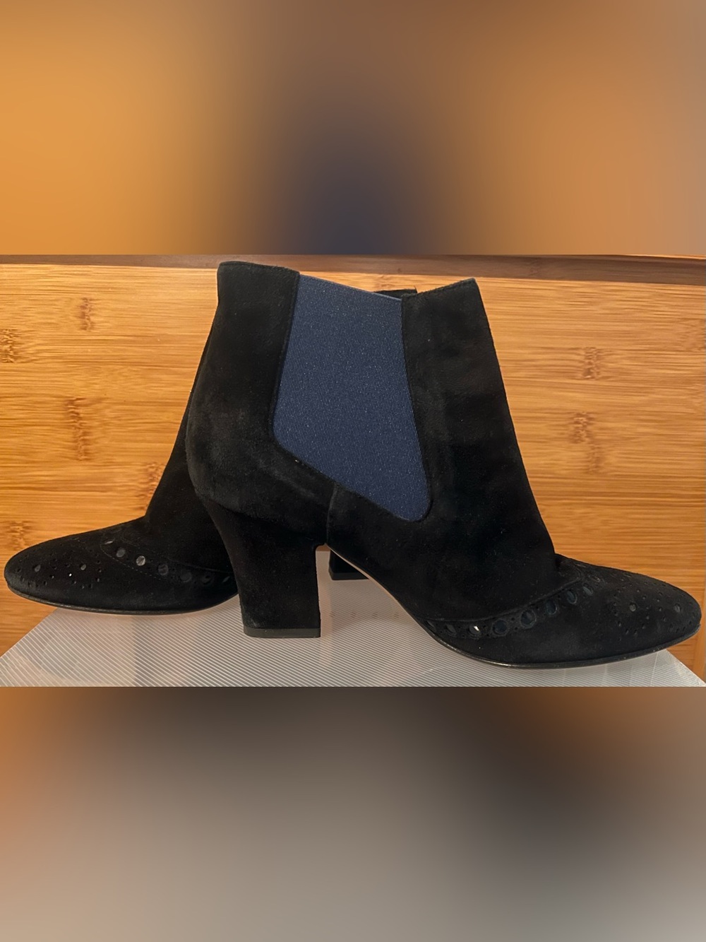 Aquatalia by Marvin K. Black Weatherproof Suede w/Blue Detailing Heeled Bootie 6
